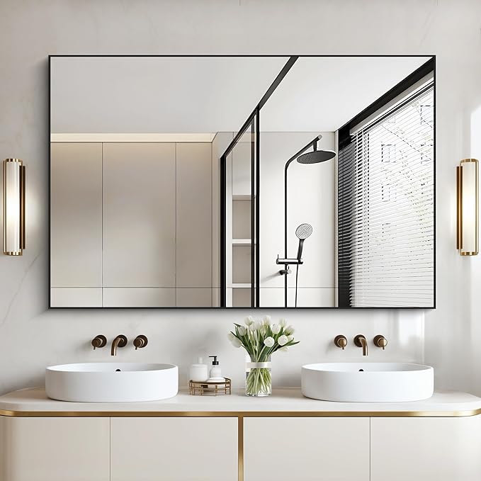 Black Bathroom Mirror for Wall, 30x50 Inch Rectangle Mirrors with Metal Frame, Modern Vanity Wall Mirror Decor for Bathroom Living Room, Entryway Hangs Horizontal or Vertical-Ruum Studio Home