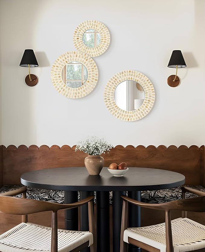 Boho Mirror Wall Decor for Living Room, 3PCS Natural Mother of Pearl Decorative Mirror for Farmhouse Rustic Home, Hanging Sculptures for Women Bedroom Hallway Porch Decoration (Light Brown)-Ruum Studio Home