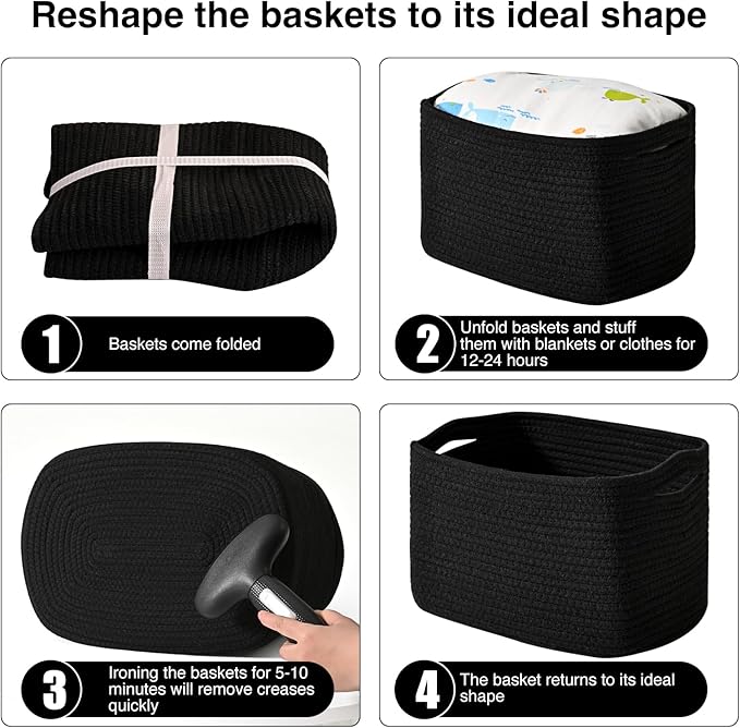 Black Storage Baskets for Organizing Shelves, Toy Basket for Nursery, Woven Cotton Rope Basket for Decor, Towel Baskets for Bathroom, 15"x11"x9.5", 3 Packs, Black-Ruum Studio Home