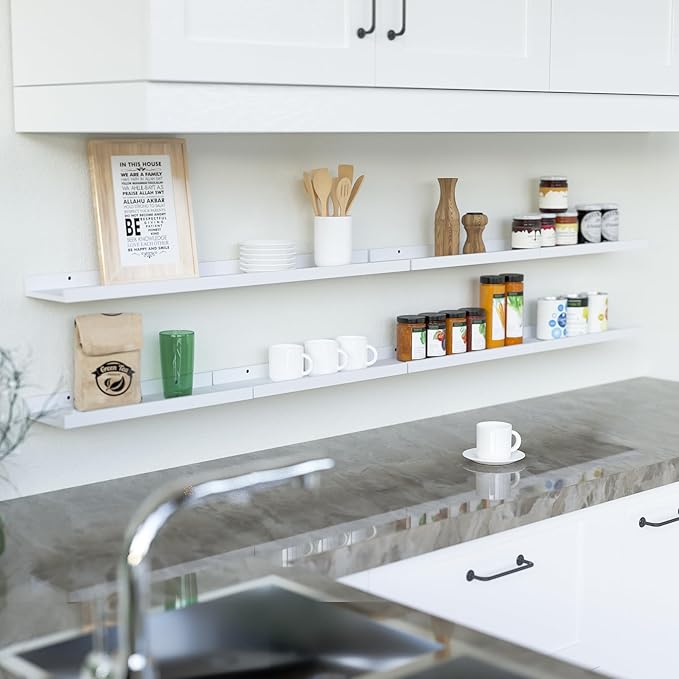 RICHER HOUSE 8 Set Floating Wall Mounted Shelves, Nursery Hanging Book Shelves with Lip for Storage, White Display Picture Ledge Shelf for Bedroom Bathroom Kitchen Living Room Wall Decor, Modern White-Ruum Studio Home