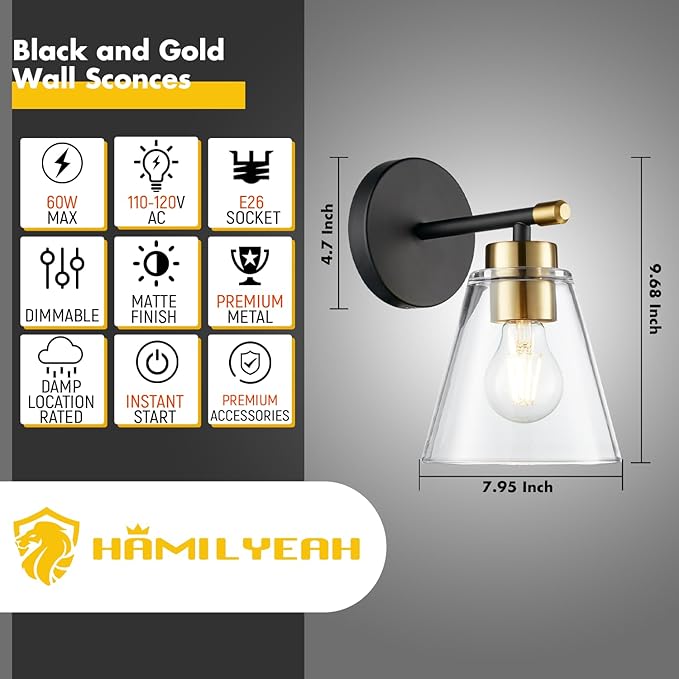 Hamilyeah Black and Gold Wall Sconces Set of 2, Bathroom Sconces Wall Lighting Fixture Indoor with Glass Shade, Mordern Black Wall Sconce Lighting for Kitchen, Hallway, Living Room-Ruum Studio Home