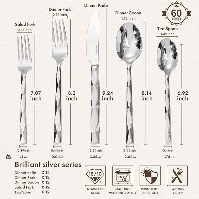 KINGSTONE Silverware Set, Luxury 60 Piece Flatware Set for 12, 18/10 Stainless Steel Cutlery Set with Diamond Cut Pattern for Kitchen, Home, Wedding, Party, Mirror Polished and Dishwasher Safe-Ruum Studio Home