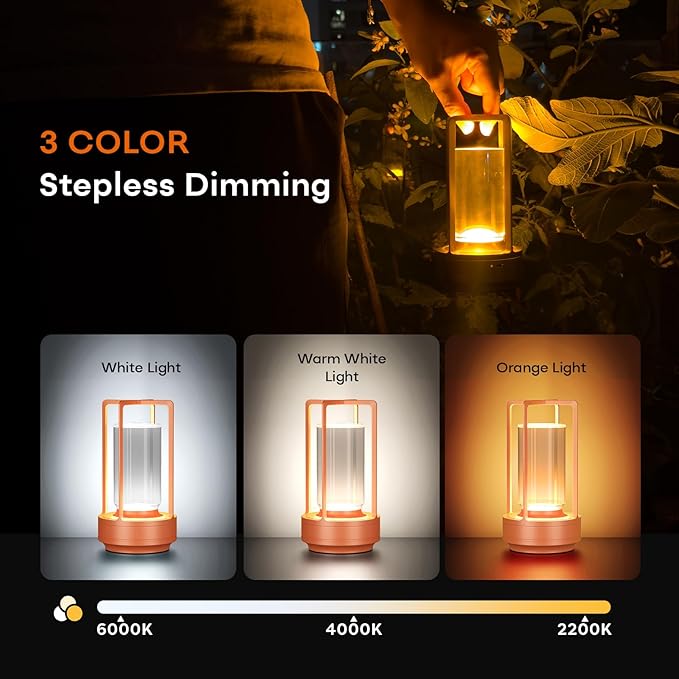Portable Metal Table Lamp for Indoor/Outdoor ,Rechargeable Cordless LED Lamp, 3-Colour Infinitely Dimming Battery Powered Small Desk Lamp, Restaurant/Bedroom/Bar/Coffee Shop/Camping Light (Orange)-Ruum Studio Home