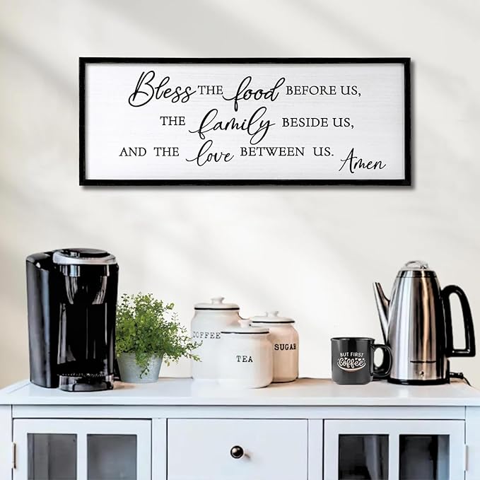 Bless the Food Before Us, the Family Beside Us, and the Love between us Framed Wall Art for Christian God Jesus Christ Prayer, 40''×15'' Positive Holy Religious Rustic Bible Verse for Dining Room-Ruum Studio Home