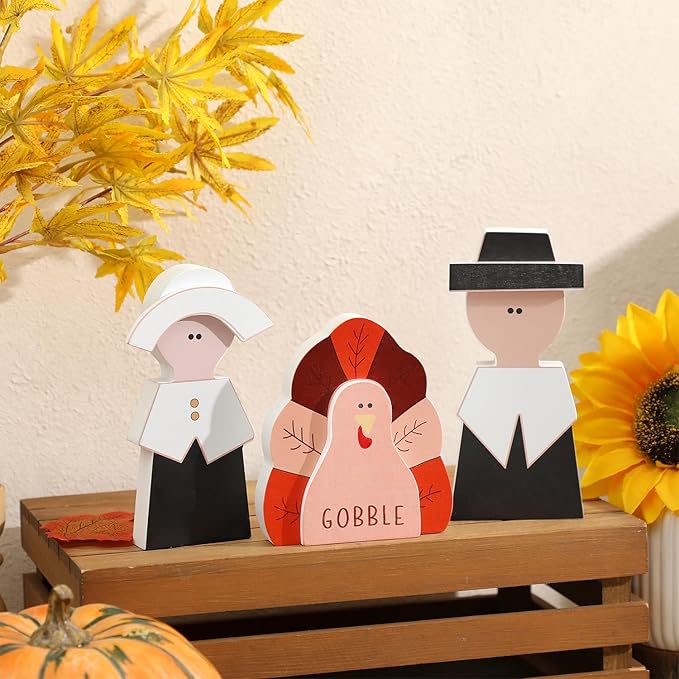 Amorita Fall Thanksgiving Decorations Wooden Turkey Pilgrim Couple Table Sign 3 Pcs Fall Thanksgiving Decor Standing Tabletop Sign Decor for Autumn Harvest - Z-Ruum Studio Home
