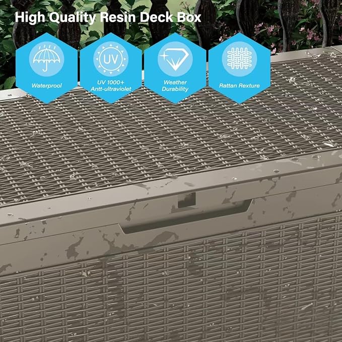 100 Gallon Double-Wall Resin Deck Box - Lockable Waterproof Outdoor Storage Box, 1000lbs Capacity & Doubles as Seating for Patio Furniture - Garden Tools, Pool Accessories (Brown)-Ruum Studio Home
