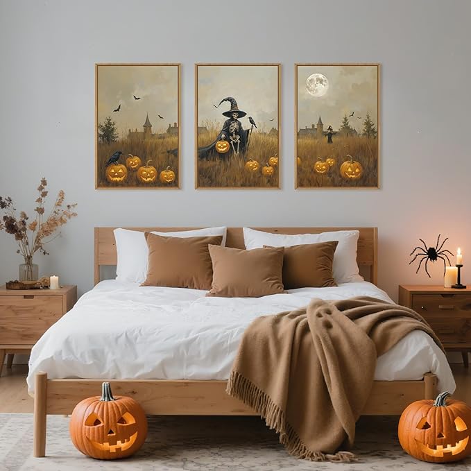 Celestdeco Halloween Ghost Reaper Framed Wall Art Set, Scary Witchy and Pumpkin Wall Decor, Horror Night Wall Painting, Full Moon Bats Art Prints for Living Room,Bedroom,Halloween Themed Party Decoration-16"×24"×3-Ruum Studio Home