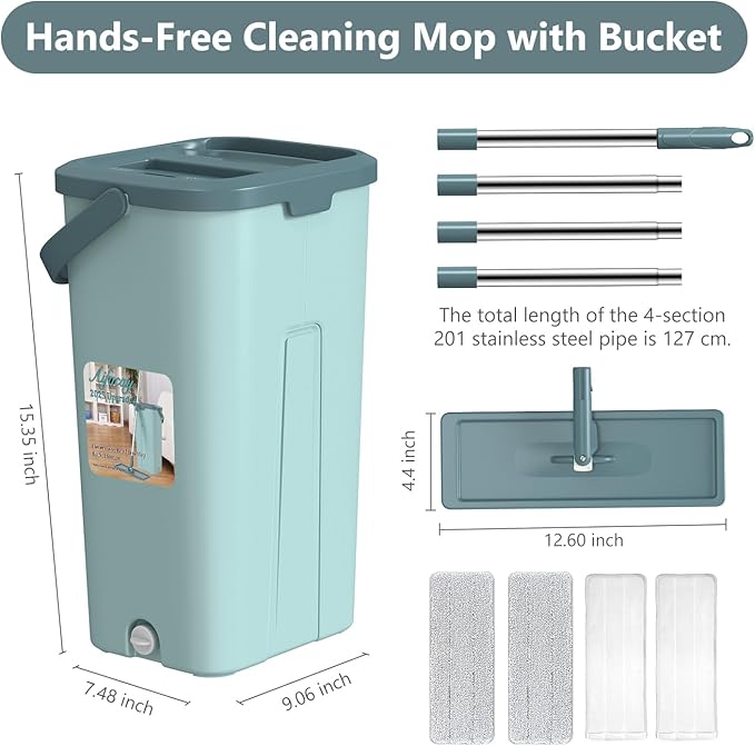 Aifacay Mop and Bucket with Wringer Set, Flat Wall Mop and Bucket Set with 4 Reusable Microfiber Pads, Hand Wash Free Floor Cleaning System Wet and Dry Use for Hardwood Tile Window Corner Baseboard-Ruum Studio Home