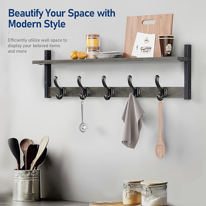 Tatub 29" Rustic Coat Rack Wall Mount with Shelf, Entryway Wall Hooks with Shelf, Coat Hangers for Bathroom, Living Room, Bedroom, Dark Grey-Ruum Studio Home