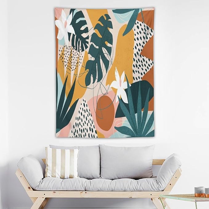 Abstract Bohemian Mid Century Tapestry, Tropical Leaves Modern Geometric Archway Minimalist Bohemian Botanical Aesthetic Wall Hanging, Sage Green Gold Home Decor Art for Bedroom 60x80 Inch-Ruum Studio Home