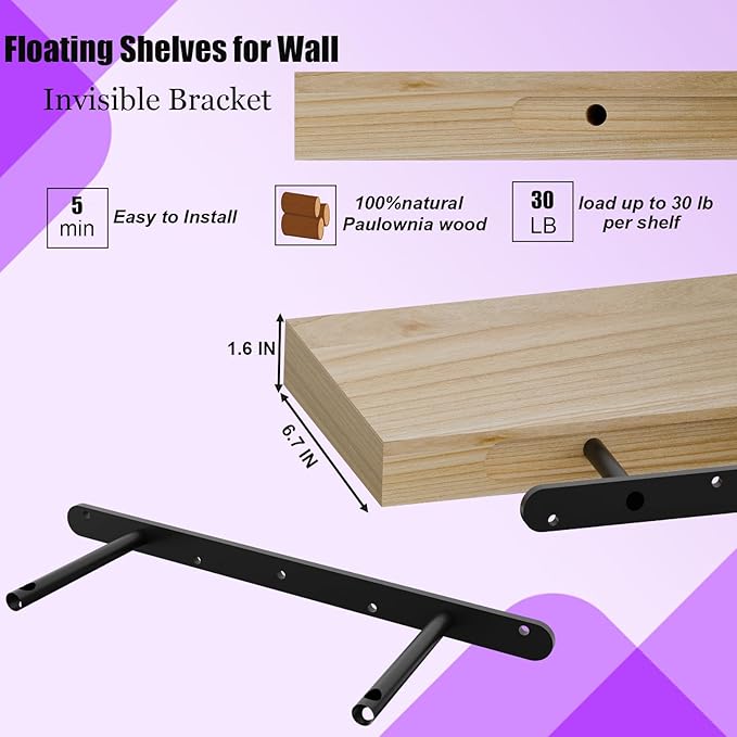 IAE Floating Wall Shelves 24 inch,Bathroom Shelves Wall Mounted,Invisible Shelves Floating Kitchen Shelves,Wooden Wall Shelves with Brackets for Living Room Wall Mounted,Easy Install,Set of 2,Natural-Ruum Studio Home