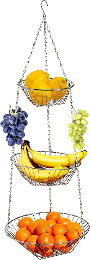 Deco Brothers Hanging Fruit Basket, 3-Tier, Chrome-Ruum Studio Home