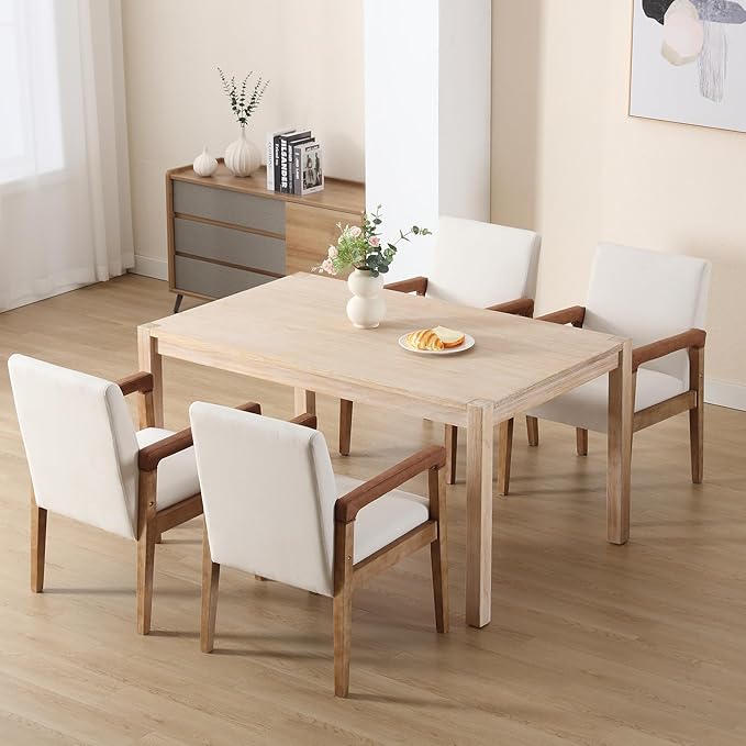 Kmax Modern Dining Chairs Set of 4 Linen Fabric Kitchen Arm Chairs Upholstered Accent Chairs with Wooden Legs for Dining Room, Living Room, Bedroom, White-Ruum Studio Home