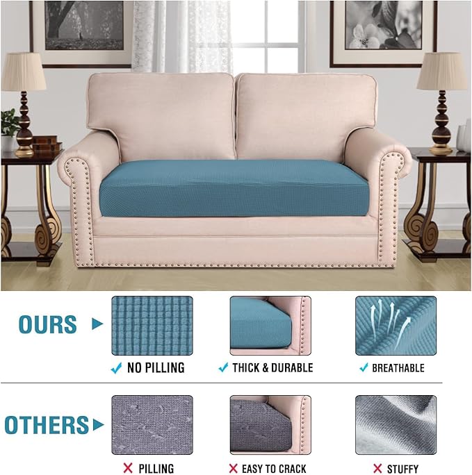 H.VERSAILTEX Super Stretch Individual Seat Cushion Covers Sofa Covers Couch Cushion Covers Slipcover Sets Thick Jacquard Textured Twill Fabric (1 Piece Loveseat Cushion Cover, Storm Blue)-Ruum Studio Home
