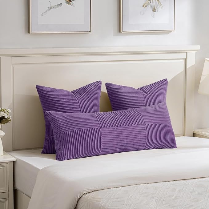 Fancy Homi 2 Packs Purple Big Decorative Throw Pillow Covers 24x24 Inch for Living Room Couch Bed, Farmhouse Boho Home Decor, Soft Corss Corduroy Patchwork Accent Square Cushion Case 60x60 cm-Ruum Studio Home