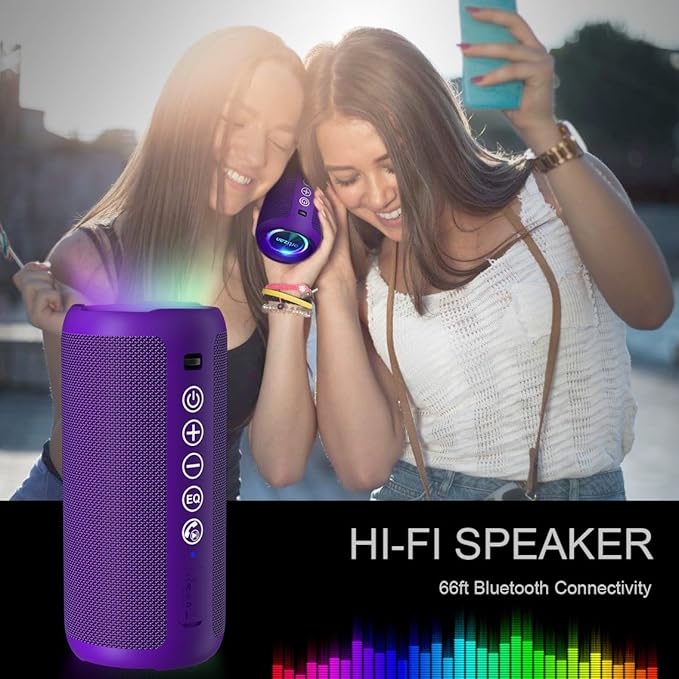 Ortizan Portable Bluetooth Speaker: IPX7 Waterproof, 24W Loud Sound, Deep Bass, Bluetooth 5.3, LED Lights, Wireless Stereo Pairing, 30H Playtime, for Home/Outdoor/Party/Beach, Birthday Gift (Purple)-Ruum Studio Home