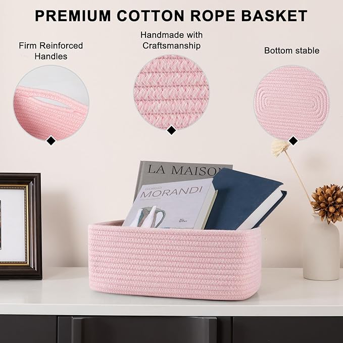 4 Pack Small Storage Shelf Baskets for Organizing, Mini Woven Rope Storage Bins for Towels, Cute Decorative Closet Organizer，Baby Nursery, Gift Empty Baskets -11.81''Lx7.87''Wx4.72''H-Pink-Ruum Studio Home
