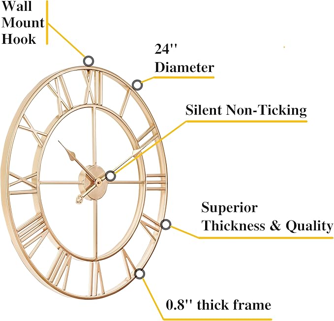 CLXEAST Champagne Gold Metal Wall Clock, Large Roman Numeral 24 Inch Wall Clocks for Living Room Decor,House Warming Gifts New Home-Ruum Studio Home