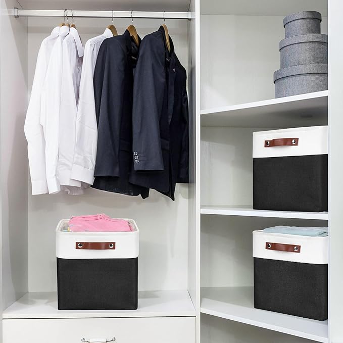 Collapsible Fabric Storage Cubes 11x11 Cube Storage Bins, 4 Pack Closet Baskets Box with Handles for Organizing, Shelf, Toys, Clothes, Home, Office, Nursery (Black&White)-Ruum Studio Home