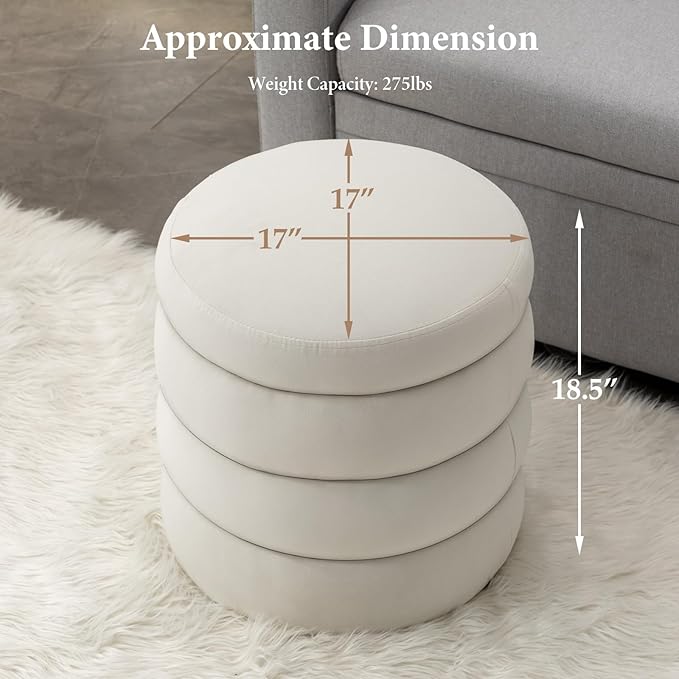 Furniliving Modern Round Ottoman, Soft Bedroom Ottoman Footstool Round Ottomans Stool for Living Room, Bedroom, Makeup Room, White, Velvet-Ruum Studio Home