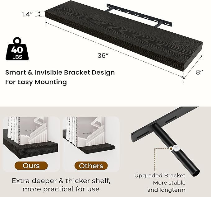 36 inch Floating Shelves Wall Shelves for Office with Invisible Brackets, 8 inch Deep Shelves for Bathroom, Living Room, Kitchen, Office, 36x7.9 inch deep Set of 2, Black-Ruum Studio Home