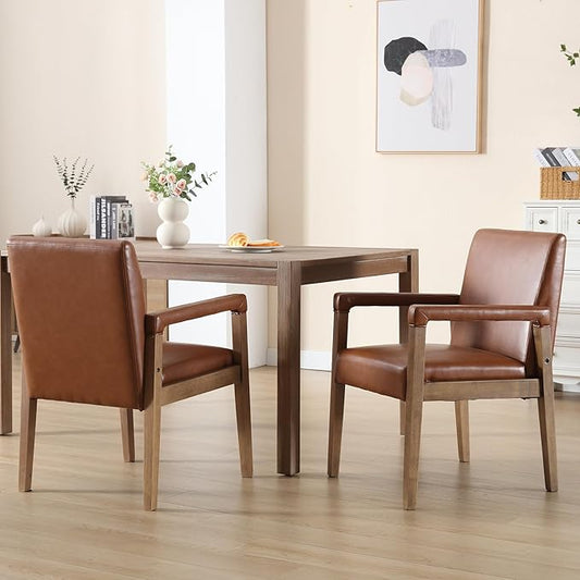 Kmax Modern Dining Chairs Set of 2 Faux Leather Kitchen Arm Chairs Upholstered Accent Chairs with Wooden Legs for Dining Room, Living Room, Bedroom, Brown-Ruum Studio Home