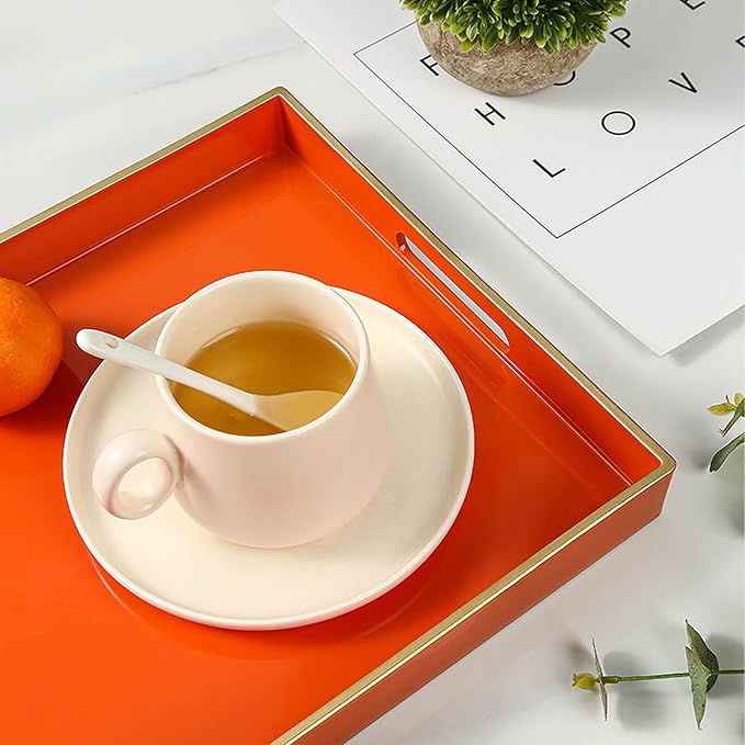 Spsyrine Orange Decorative Serving Tray with Handles, Elegant Plastic Coffee Table Tray for Ottoman, Living Room, Home Decor 15.6" X 10.2"-Ruum Studio Home