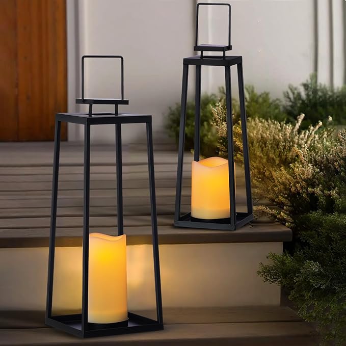 Solar Lantern Decorative Outdoor Set of 2 (18’’ & 15’’) Modern Black Metal Lanterns with Solar Candles, Decorative Candle Lanterns for Outdoor Porch, Patio, Garden, Yard Decor-Ruum Studio Home