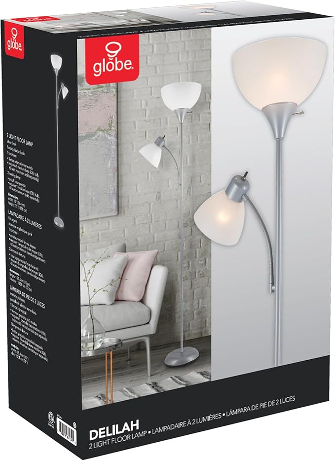 GLOBE Electric 67134 72" Torchiere Floor Lamp and Adjustable Reading Light, Silver, Frosted Shade, Dual Rotary Switch, 3-Step Dimming, Modern Lighting for Living Room or Office, Timeless-Ruum Studio Home