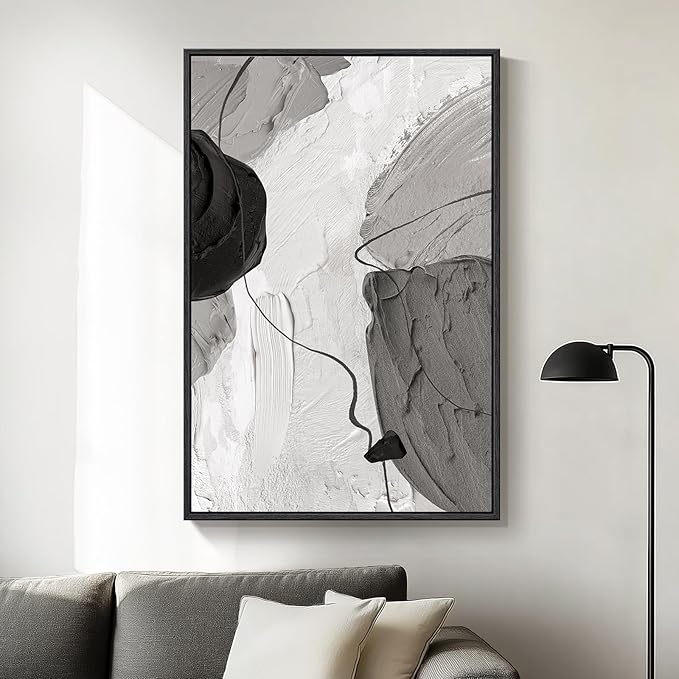 Framed Black and White Abstract Canvas Wall Art, Large Modern Art Prints Paintings Artwork for Walls, Minimalist Gray Pictures for Living Room Bedroom Dining Room Office Bathroom Wall Decor 24x36 In-Ruum Studio Home