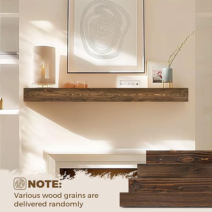 48x8x3 Fireplace Mantel - Handcrafted Hollow Rustic Solid Wood Wall Mounted Floating Shelf with Invisible Heavy Duty Wood Bracket (Weathered Brown)-Ruum Studio Home