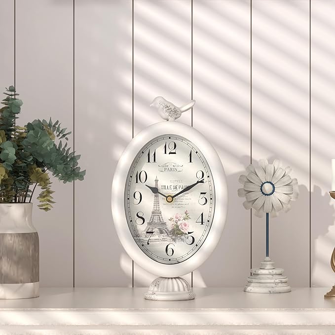 Vintage Table Clock with Bird, Desk and Shelf Decor Clock, French Paris Style, Antique White Metal Mantel Clocks for Living Room, Farmhouse, Bedroom, Bedside, Gift (10" H x 5.9" W)-Ruum Studio Home