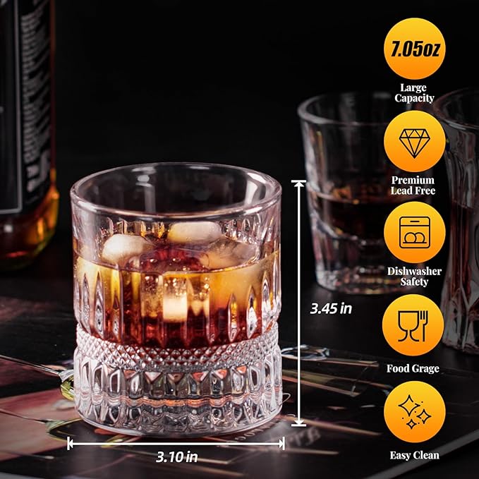 KAMMAK Whiskey Glass Set of 2, 7.05oz Old Fashioned wine Glass for Scotch, Cocktails, Rum, Vodka in Bar And Party Gifts for Men, Whisky Lovers, Wedding, Anniversary, Birthday-Ruum Studio Home