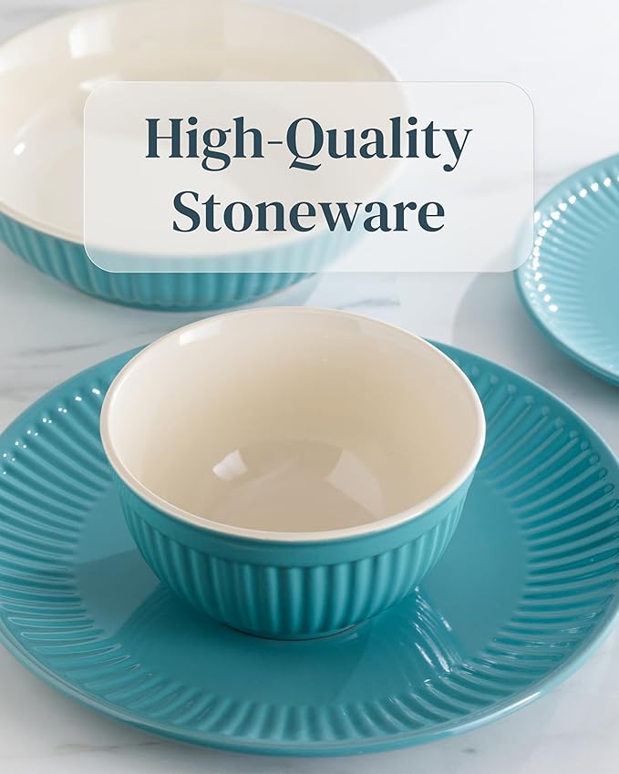 Stoneware Dinnerware Set for 4 People HYGGE 12-Piece - Elegant Scandi Design - Premium Dish Set - Bowl and Plate Set - Tableware for 4 People in a Ribbed Design - Pure Living in Green-Ruum Studio Home