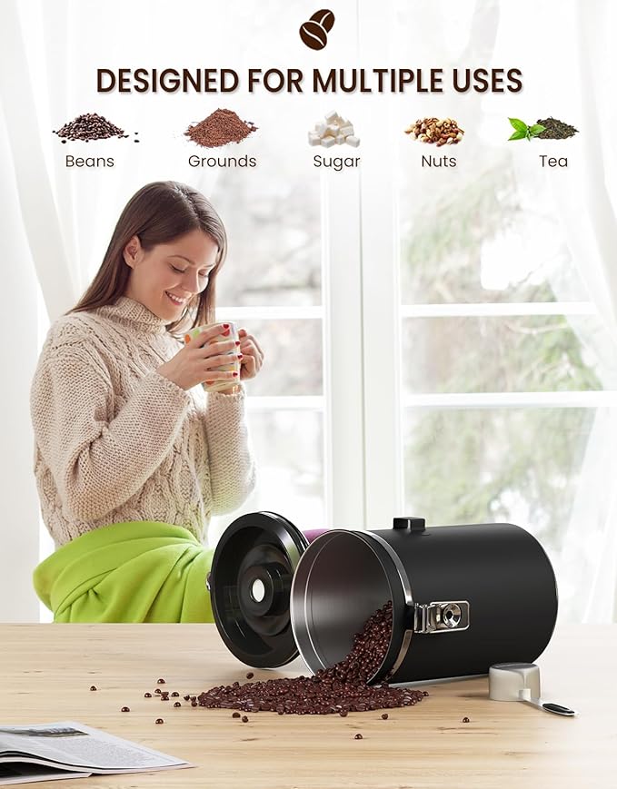 HAIOOU Large Coffee Canister, 38OZ Oversized Stainless Steel Coffee Bean Storage Container with Date Tracker, Measuring Scoop, CO2 Releasing Valves for Beans, Grounds and more - Black-Ruum Studio Home