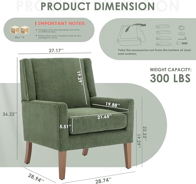 COLAMY Modern Wingback Living Room Chair Set of 2, Upholstered Fabric Accent Armchair, Single Sofa Chair with Lounge Seat and Wood Legs for Bedroom/Office/Reading Spaces, Green-Ruum Studio Home