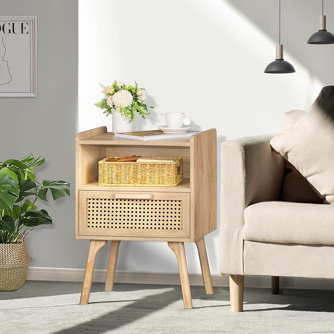 Lerliuo Rattan Nightstand, Boho Side Table with Drawer Open Shelf, Cane Accent Bedside End Table with Solid Wood Legs for Bedroom, Dorm and Small Spaces (Natural)-Ruum Studio Home
