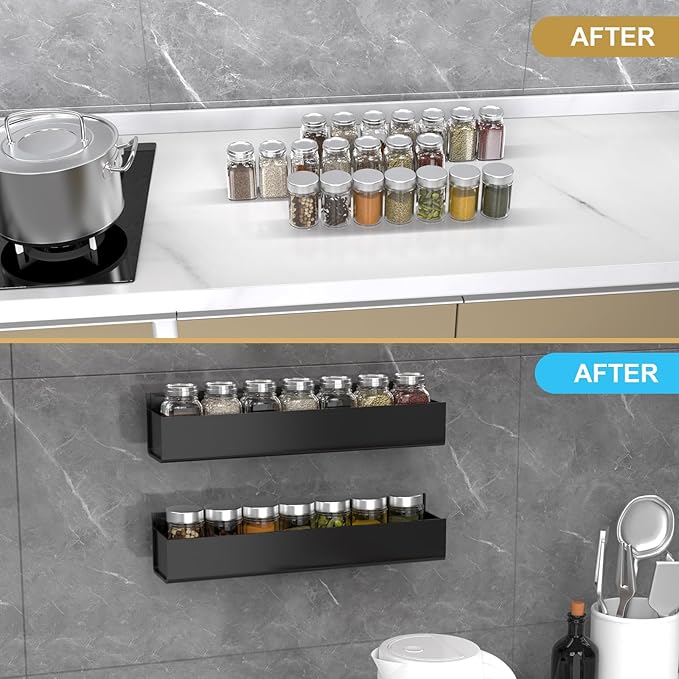 PMMASTO Adhesive Acrylic Spice Rack Organizer for Wall with Nano Double Sided Tape, Spice Shelf Organization for Kitchen Cabinet Door/Pantry Door, Wall Mount Seasoning Rack (Black-2 Pack)-Ruum Studio Home