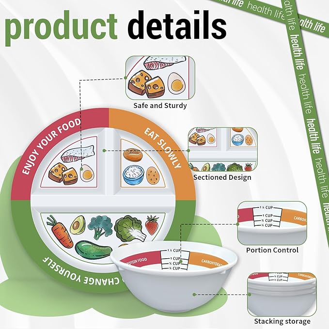 4 Pcs Portion Control Plates & Bowls Set (9 Inch), Self-Measuring for Weight Loss, Gastric Bypass, LapBand, Diabetes, & Healthy Diets, Divided Nutrition Plates for Adults & Children-Ruum Studio Home