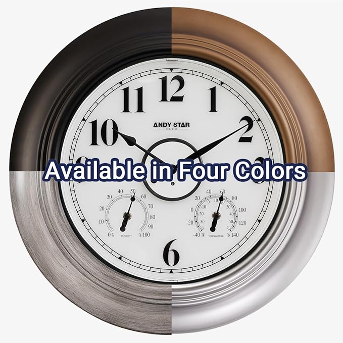 Andy Star 21 Inch Large Illuminated Outdoor Wall Clock Waterproof with Thermometer and Hygrometer, Oversized Battery Wall Clock for Patio Pool, Oil Rubbed Bronze Silent Non Ticking Clock for Garden-Ruum Studio Home