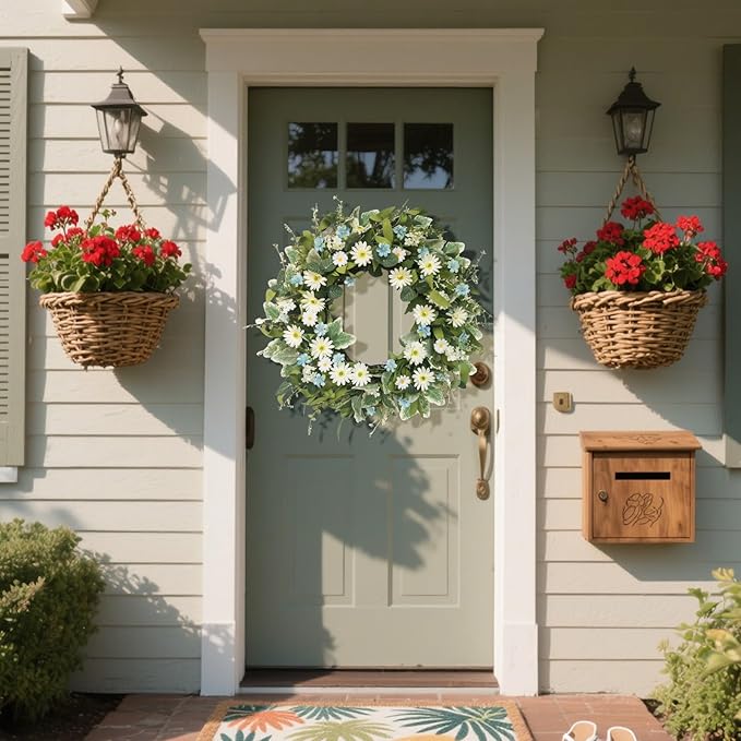 24 Inch Wreaths for Front Door, Large Spring Summer Artifiical Wreath with Blue White Daisy Flower, All Season Floral Wreaths for Porch Window Wall Decor Outside Indoor Outdoor Decorations-Ruum Studio Home