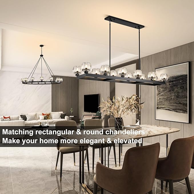 59 Inch Black Rectangle Wagon Wheel Chandeliers, Black Chandelier for Dining Room Over Table, Modern Crystal Long Chandelier, Farmhouse Large Linear Chandeliers for Kitchen Island-Ruum Studio Home