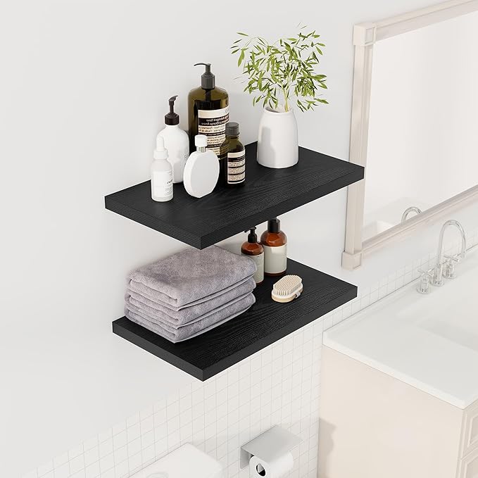 24" Floating Shelves for Wall, 12" Deep Slim Black Floating Shelves, Wall-Mounted Shelves for Bedroom, Living Room, Kitchen, Bathroom - Set of 2-Ruum Studio Home