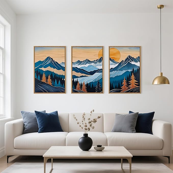 Celestdeco Blue Woodcut Mountain Framed Canvas Wall Art Set, Boho Abstract Ridge Wall Decor, Pine Tree Landscape Wall Painting, Sunrise Forest Art Print for Living Room, Bedroom, Office - 24"X36"X3-Ruum Studio Home