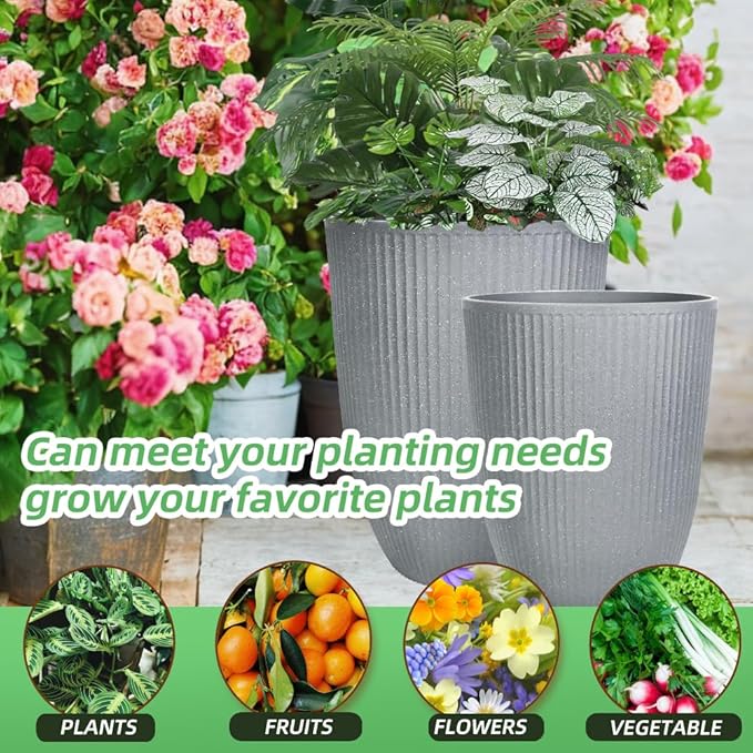 2 Pcs Pack 18.5 Inches Heavy Duty Plastic Resin Tall Tapered Planter Pots Large Round Planter Flower Pot with Drainage Holes for Indoor Outdoor Deck Porch Garden Home Patio Front Door (Light grey, M)-Ruum Studio Home