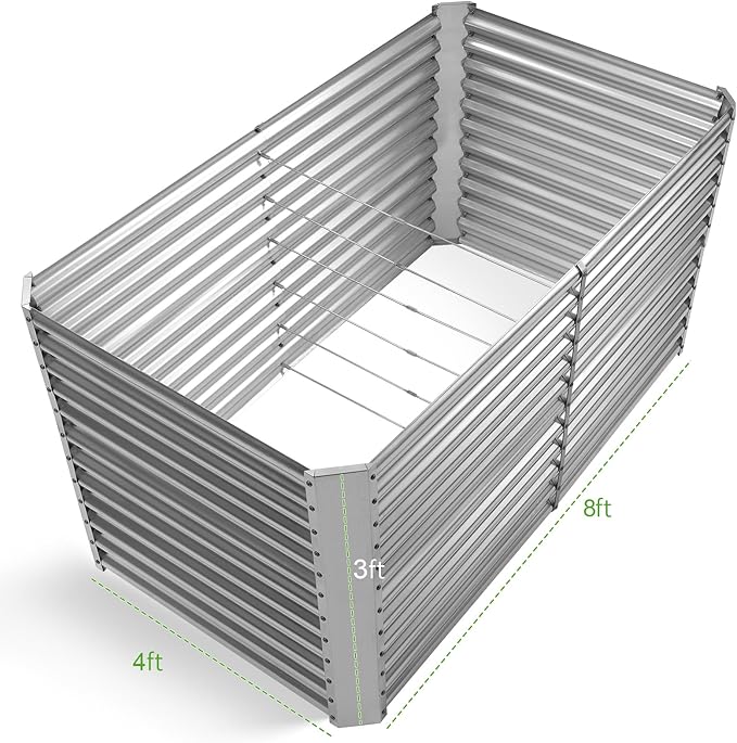 Land Guard 8x4x3ft Rectangular Galvanized Raised Garden Beds, Large-Capacity Metal Planter Box Outdoor, Durable Deep Raised Garden Bed 3ft Tall, Raised Beds for Gardening Vegetables, Classic Silver-Ruum Studio Home