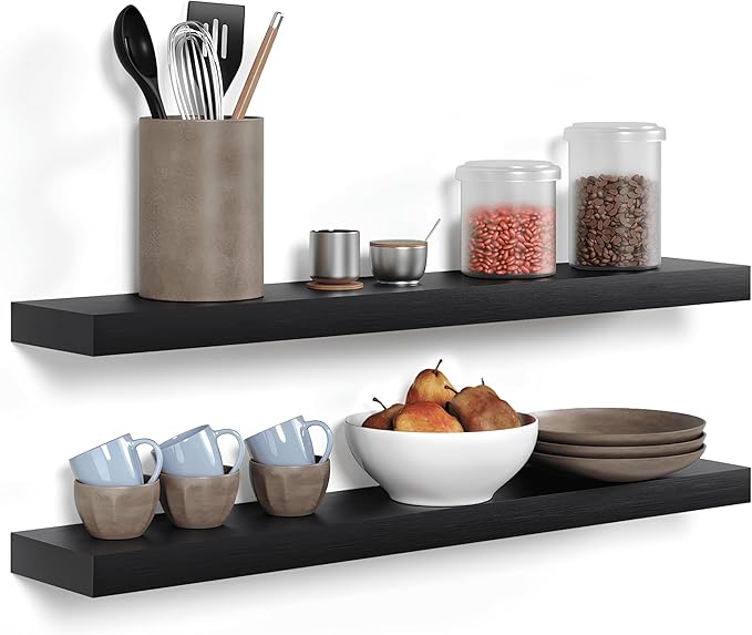 Homeforia Black Floating Shelves 36 inches Long, High End Solid Real Wood 36 inch Floating Shelf for Wall Mounted, Black Wooden 36in Floating Shelves, Heavy Duty Bracket, 36 X 6.5 X 1.75 in, Set of 2-Ruum Studio Home