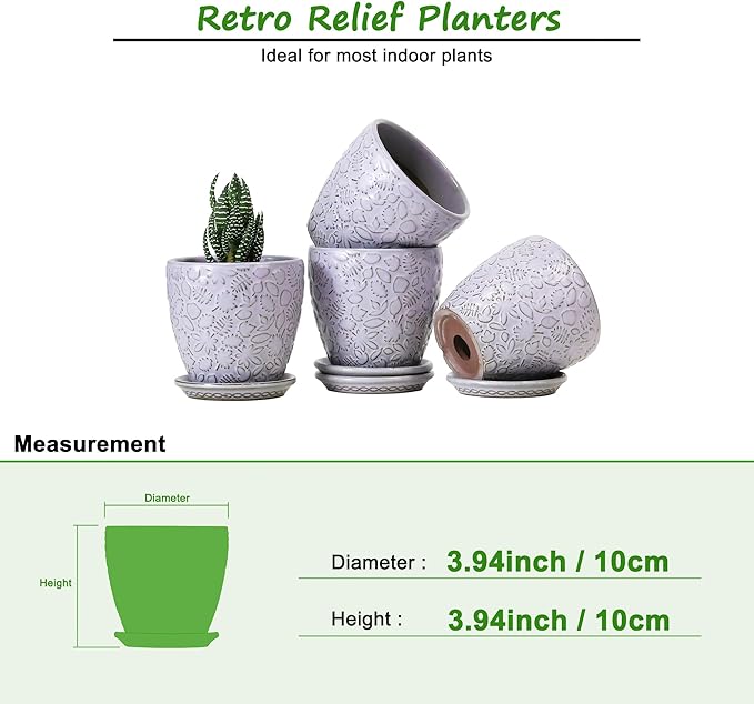 4 Inch Retro Ceramic Planter Set of 4 with Drainage Hole and Saucer for Plants, Indoor-Outdoor Small Garden Pots for Succulent, Herb and Flower (Fits Inner Pots Up to 3 Inch, Retro Purple)-Ruum Studio Home