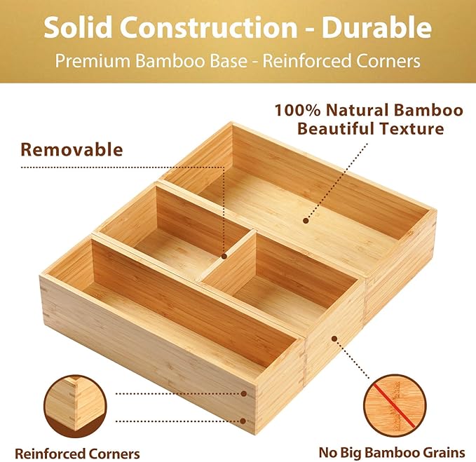 Umilife Drawer Organizer Storage Boxes, 2.5" High Bamboo Drawer Dividers, 3 Rearrangeable Bins for Kitchen, Office Desktop, Clothing, Makeup, vanity, Jewelry-Ruum Studio Home