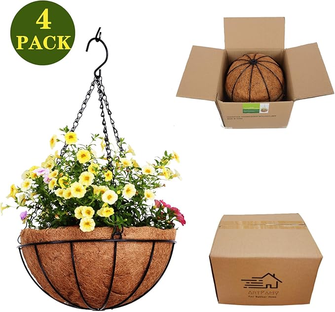 4 Pack 10 inch Metal Hanging Planters Basket with Coco Coir Liner Outdoor-Hanging Baskets for Plants Outdoor,Metal Wire Baskets with Window Box Planters, Hanging Flower Pots for Railings-Ruum Studio Home